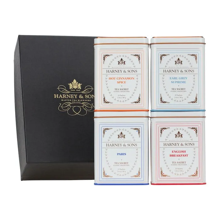 Black gift box with four Harney & Sons tins