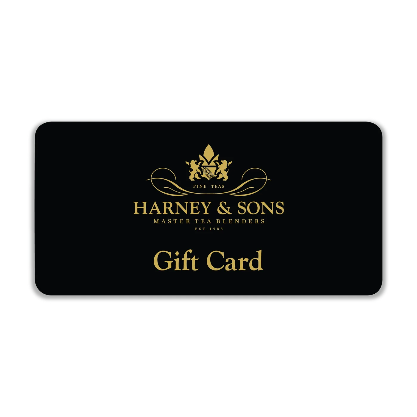 Harney & Sons digital gift card featuring elegant logo and "Gift Card" text on a black background.