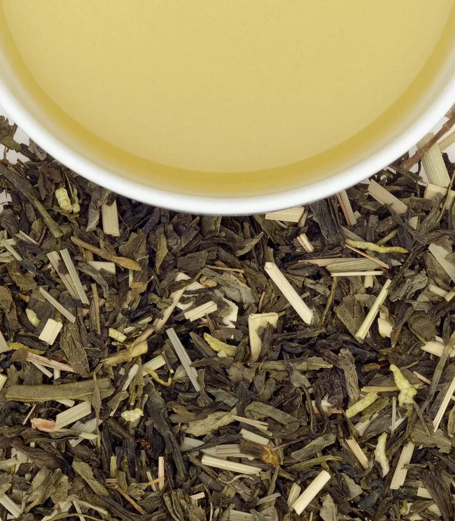 Harney & Sons Fine Teas- Organic Bangkok tea sachets, featuring a blend of green tea and lemongrass, with brewed tea in a cup above.