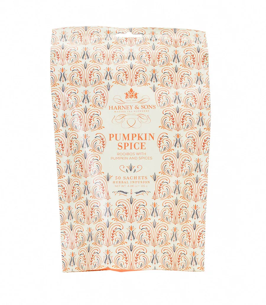 Harney & Sons Pumpkin Spice herbal tea sachets packaging, featuring intricate orange and cream design.