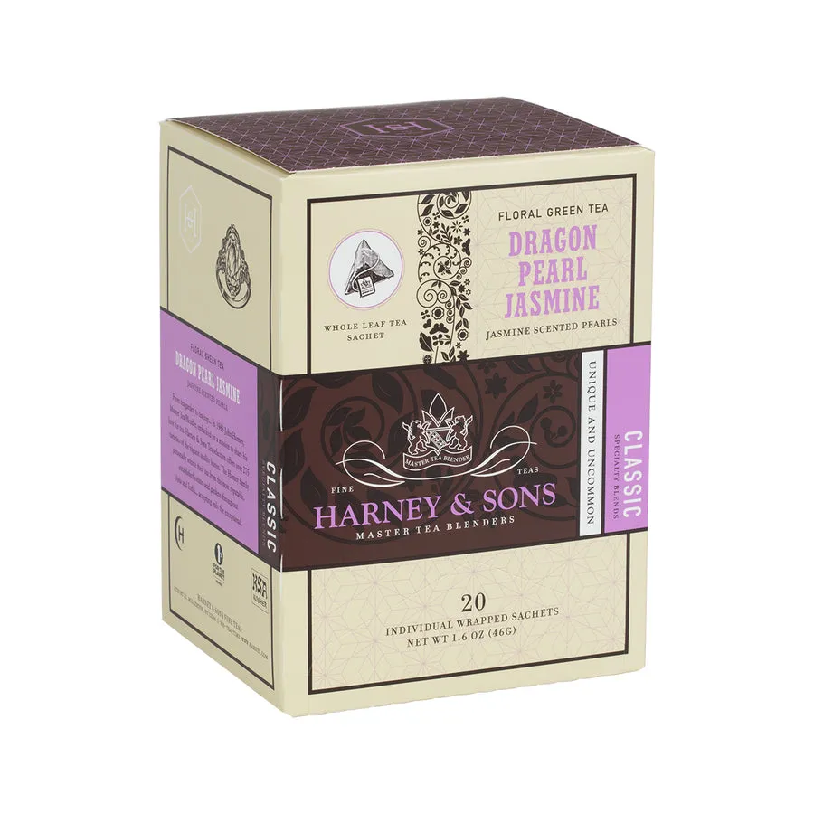 Harney & Sons Dragon Pearl Jasmine tea box featuring 20 individual sachets of floral green tea.