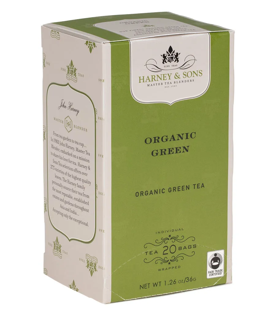 Box of 20 premium organic green tea bags by Harney & Sons, featuring elegant packaging design.