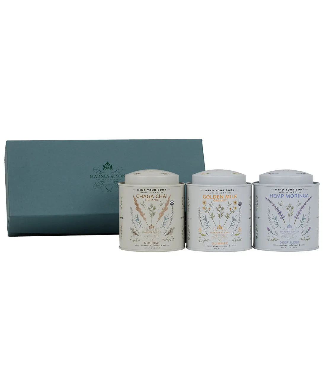 Gift set of three tins: Chaga Chai, Golden Milk, and Hemp Moringa.